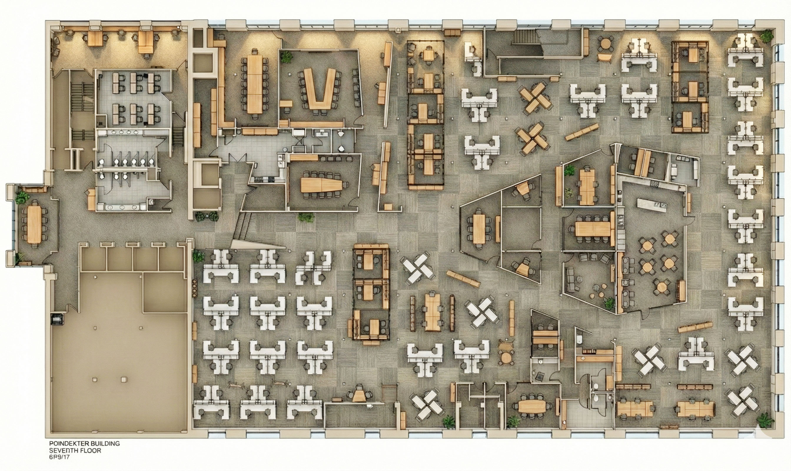 Poindexter Building 7th floor coworking space rendered floor plan showing private offices, open desk pods, conference rooms, kitchen cafe, and phone rooms